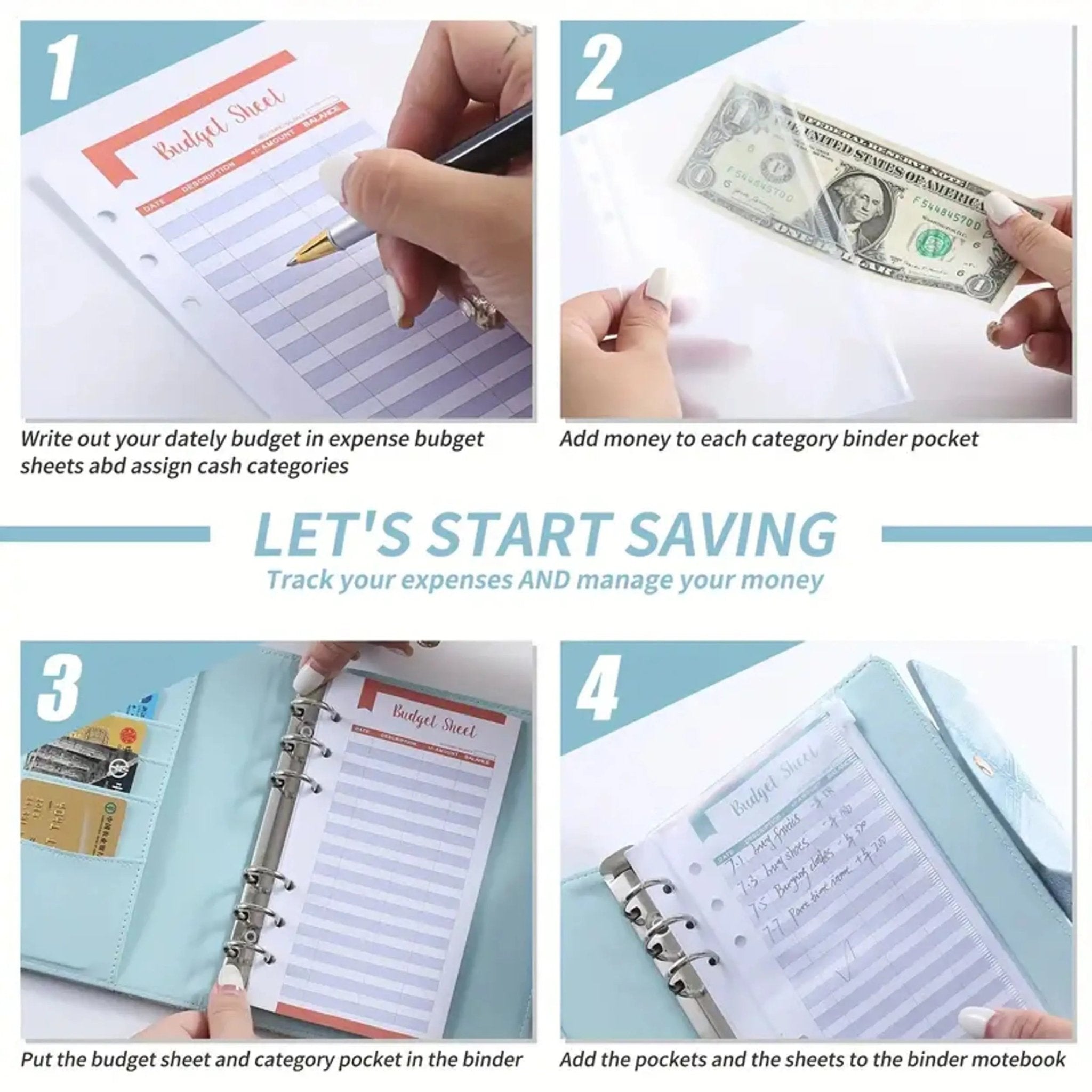 A6 Budget Planner Binder with Zipper Cash Envelopes & Expense Sheets - Urban Mart